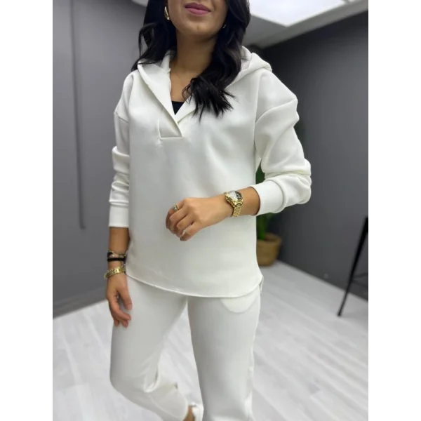 Kadın Uzun Kol V Yaka Kapüşon Detay Sweat Ve Yüksel Bel Eşofman Ikili Takım