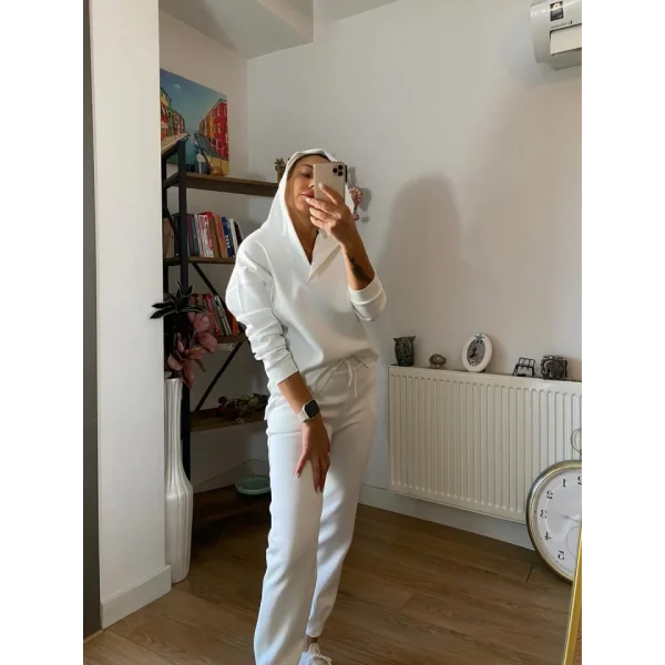 Kadın Uzun Kol V Yaka Kapüşon Detay Sweat Ve Yüksel Bel Eşofman Ikili Takım