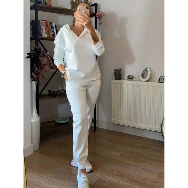 Kadın Uzun Kol V Yaka Kapüşon Detay Sweat Ve Yüksel Bel Eşofman Ikili Takım