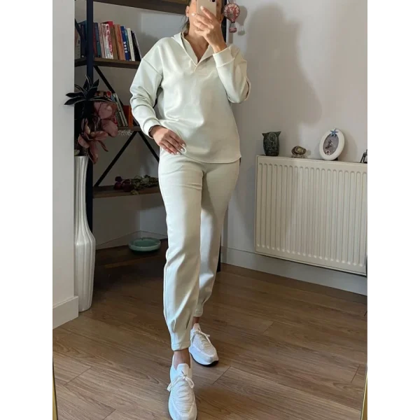 Kadın Uzun Kol V Yaka Kapüşon Detay Sweat Ve Yüksel Bel Eşofman Ikili Takım