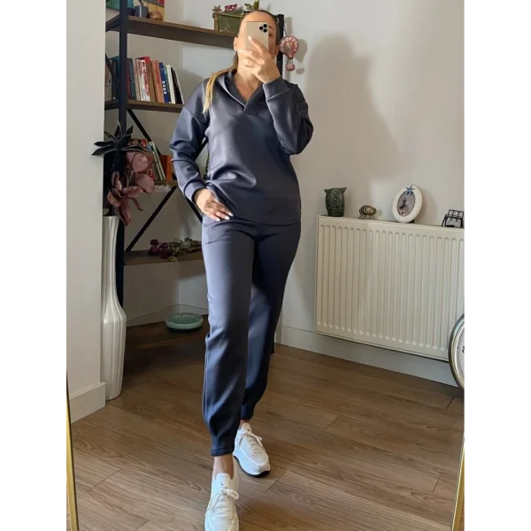 Kadın Uzun Kol V Yaka Kapüşon Detay Sweat Ve Yüksel Bel Eşofman Ikili Takım