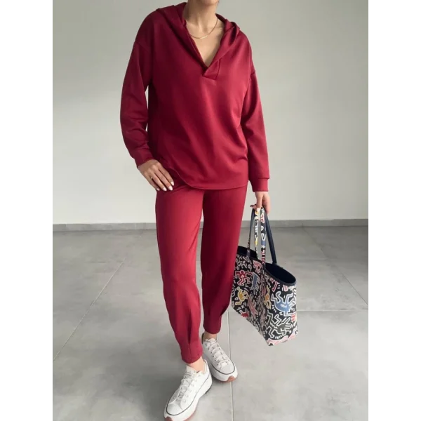Kadın Uzun Kol V Yaka Kapüşon Detay Sweat Ve Yüksel Bel Eşofman Ikili Takım