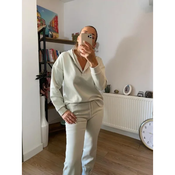 Kadın Uzun Kol V Yaka Kapüşon Detay Sweat Ve Yüksel Bel Eşofman Ikili Takım