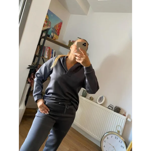 Kadın Uzun Kol V Yaka Kapüşon Detay Sweat Ve Yüksel Bel Eşofman Ikili Takım