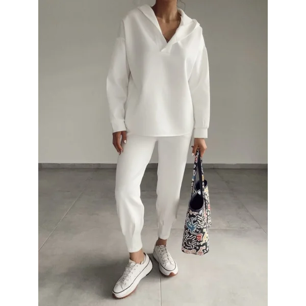 Kadın Uzun Kol V Yaka Kapüşon Detay Sweat Ve Yüksel Bel Eşofman Ikili Takım