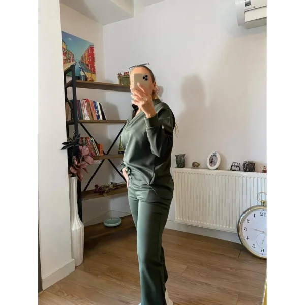 Kadın Uzun Kol V Yaka Kapüşon Detay Sweat Ve Yüksel Bel Eşofman Ikili Takım