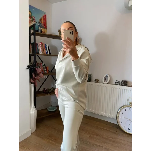 Kadın Uzun Kol V Yaka Kapüşon Detay Sweat Ve Yüksel Bel Eşofman Ikili Takım