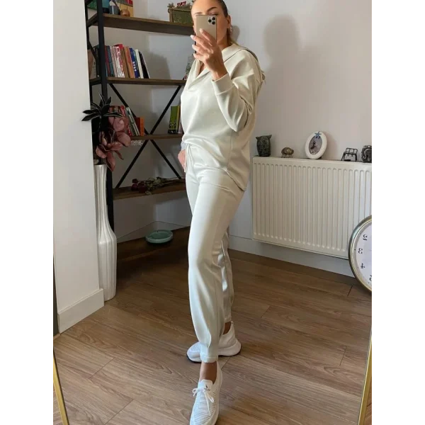 Kadın Uzun Kol V Yaka Kapüşon Detay Sweat Ve Yüksel Bel Eşofman Ikili Takım