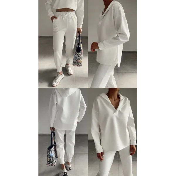 Kadın Uzun Kol V Yaka Kapüşon Detay Sweat Ve Yüksel Bel Eşofman Ikili Takım