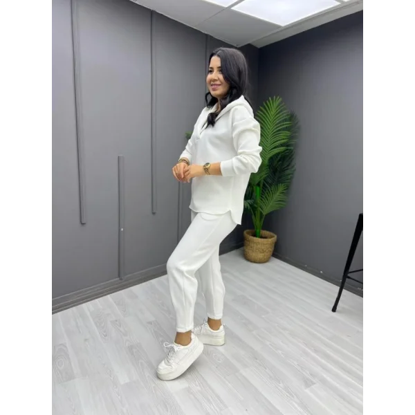 Kadın Uzun Kol V Yaka Kapüşon Detay Sweat Ve Yüksel Bel Eşofman Ikili Takım