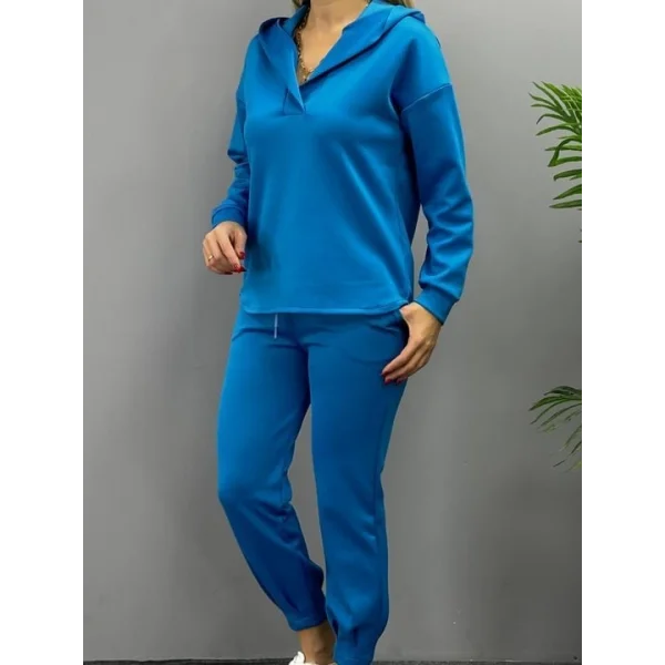 Kadın Uzun Kol V Yaka Kapüşon Detay weat Ve Yüksel Bel Eşofman Ikili Takım