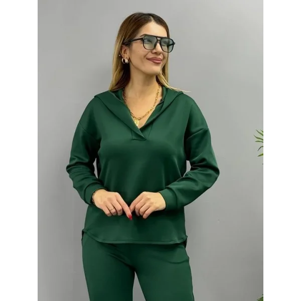Kadın Uzun Kol V Yaka Kapüşon Detay weat Ve Yüksel Bel Eşofman Ikili Takım