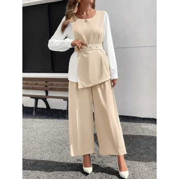 Kadın Uzun Kollu Açık Yakalı çift Renkli Kemerli Ithal Krep Ikili Takım