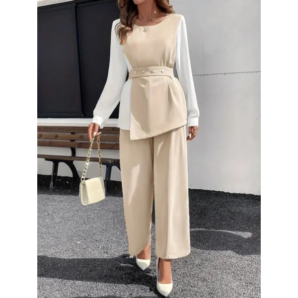 Kadın Uzun Kollu Açık Yakalı çift Renkli Kemerli Ithal Krep Ikili Takım