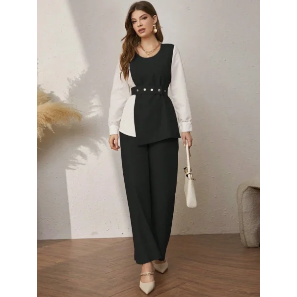 Kadın Uzun Kollu Açık Yakalı çift Renkli Kemerli Ithal Krep Ikili Takım