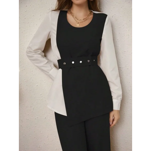 Kadın Uzun Kollu Açık Yakalı çift Renkli Kemerli Ithal Krep Ikili Takım