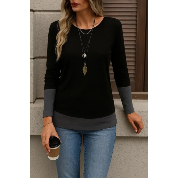 Kadın Uzun Kollu Açık Yuvarlak Yaka Blok Renkli Viskon Bluz