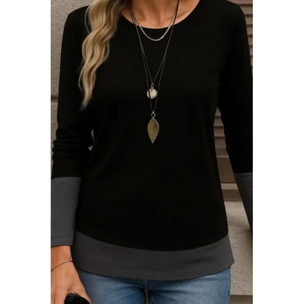 Kadın Uzun Kollu Açık Yuvarlak Yaka Blok Renkli Viskon Bluz