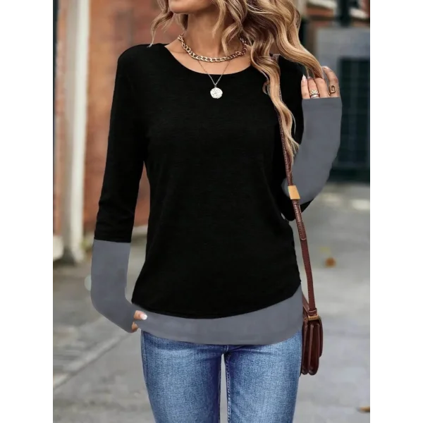 Kadın Uzun Kollu Açık Yuvarlak Yaka Blok Renkli Viskon Bluz