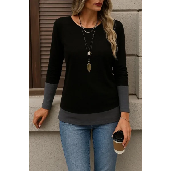 Kadın Uzun Kollu Açık Yuvarlak Yaka Blok Renkli Viskon Bluz