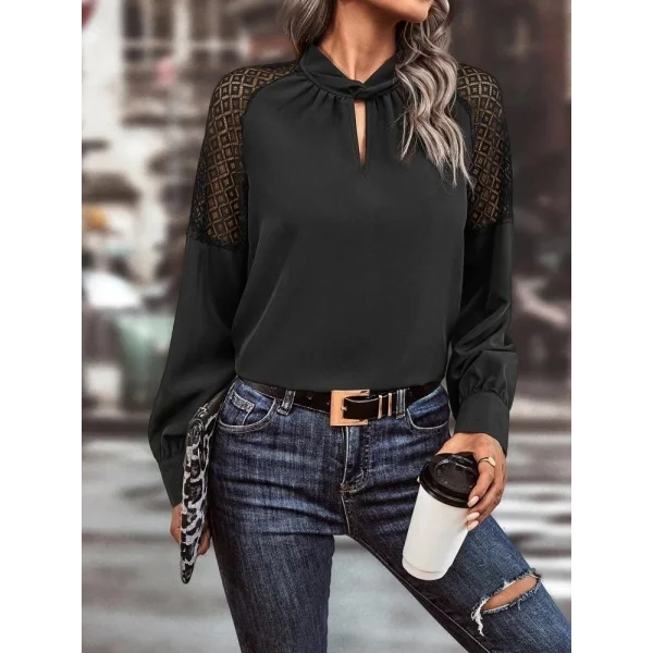 Kadın Uzun Kollu Anahtar Deliği Yaka Reglan Kol Dantel Detaylı Ithal Krep Bluz