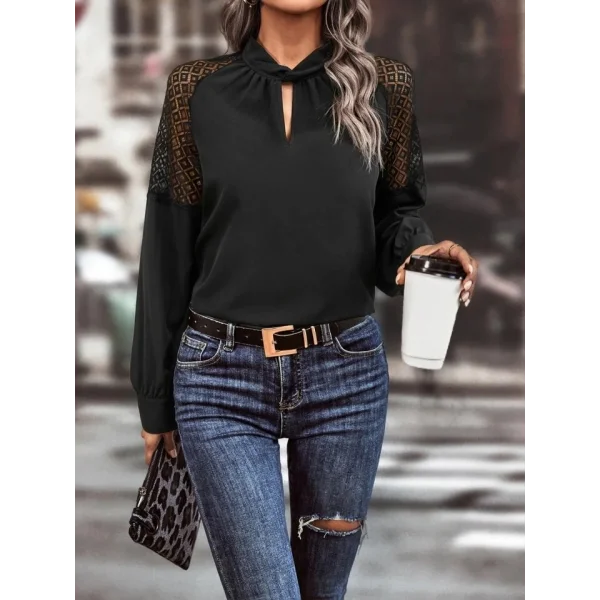 Kadın Uzun Kollu Anahtar Deliği Yaka Reglan Kol Dantel Detaylı Ithal Krep Bluz