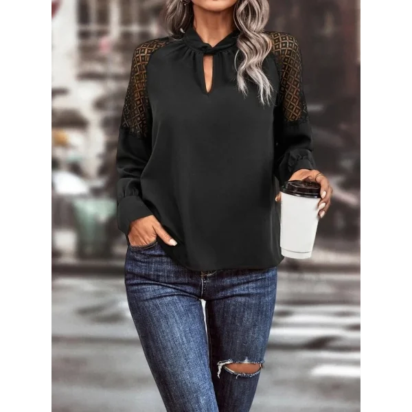 Kadın Uzun Kollu Anahtar Deliği Yaka Reglan Kol Dantel Detaylı Ithal Krep Bluz