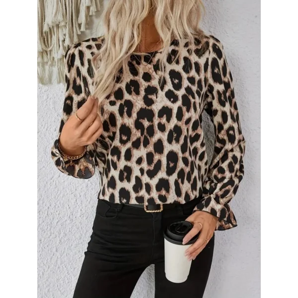 Kadın Uzun Kollu Arkadan Fiyonk Detaylı Leopar Desenli Süprem Bluz