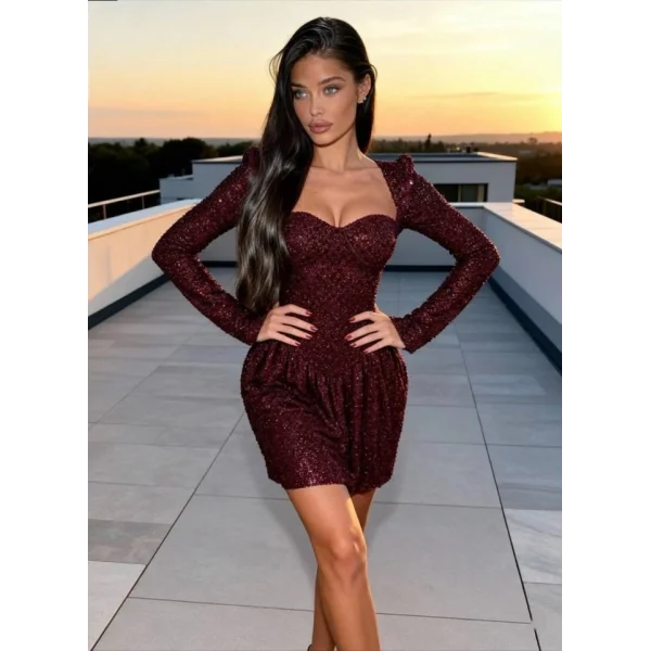 Kadın Uzun Kollu Armut Yaka Pul Payet Işlemeli Mini Gece Elbisesi