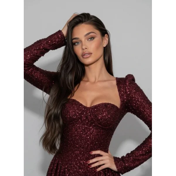 Kadın Uzun Kollu Armut Yaka Pul Payet Işlemeli Mini Gece Elbisesi