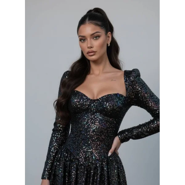 Kadın Uzun Kollu Armut Yaka Pul Payet Işlemeli Mini Gece Elbisesi