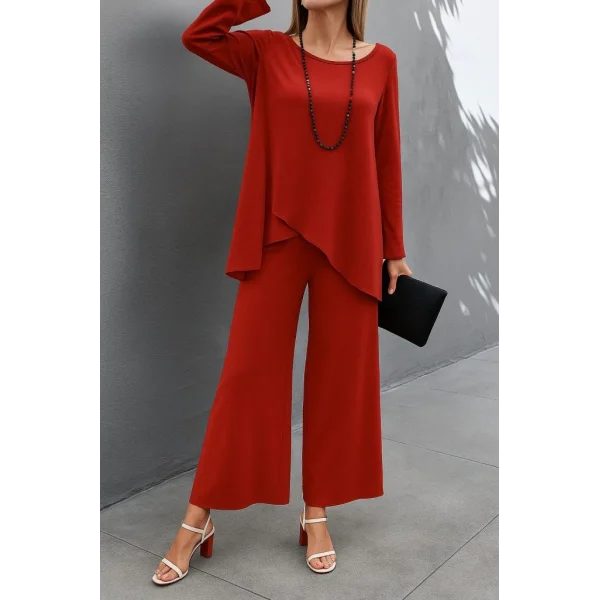 Kadın Uzun Kollu Asimetrik Detaylı Salaş Sandy Bluz Ve Pantolon Ikili Takım