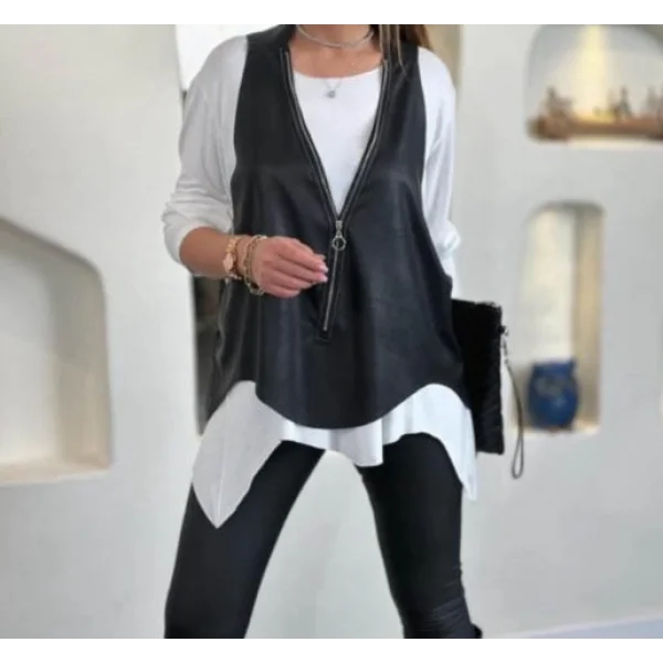 Kadın Uzun Kollu Asimetrik Kesim Viskon Bluz Ve çatlak Deri Görünümlü Yelek Ikili Takım