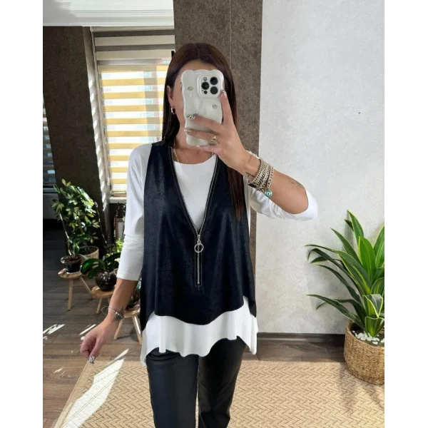 Kadın Uzun Kollu Asimetrik Kesim Viskon Bluz Ve çatlak Deri Görünümlü Yelek Ikili Takım