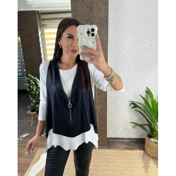 Kadın Uzun Kollu Asimetrik Kesim Viskon Bluz Ve çatlak Deri Görünümlü Yelek Ikili Takım