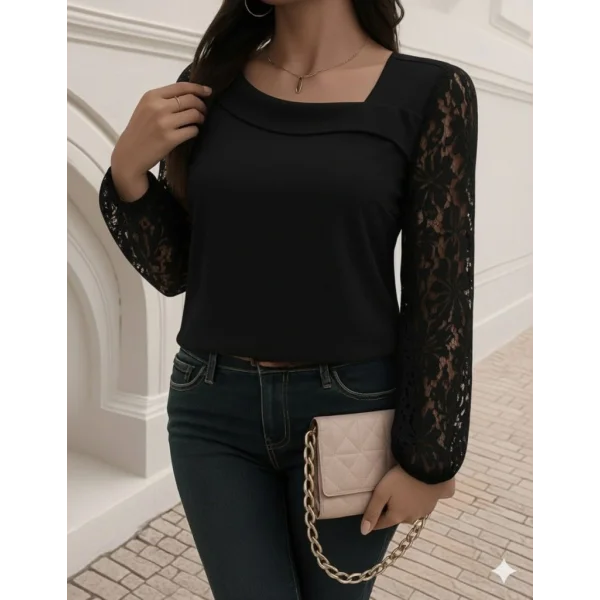 Kadın Uzun Kollu Asimetrik Yakalı Dantelli Ithal Krep Bluz