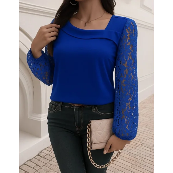 Kadın Uzun Kollu Asimetrik Yakalı Dantelli Ithal Krep Bluz