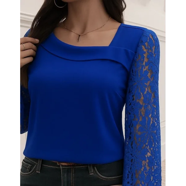 Kadın Uzun Kollu Asimetrik Yakalı Dantelli Ithal Krep Bluz