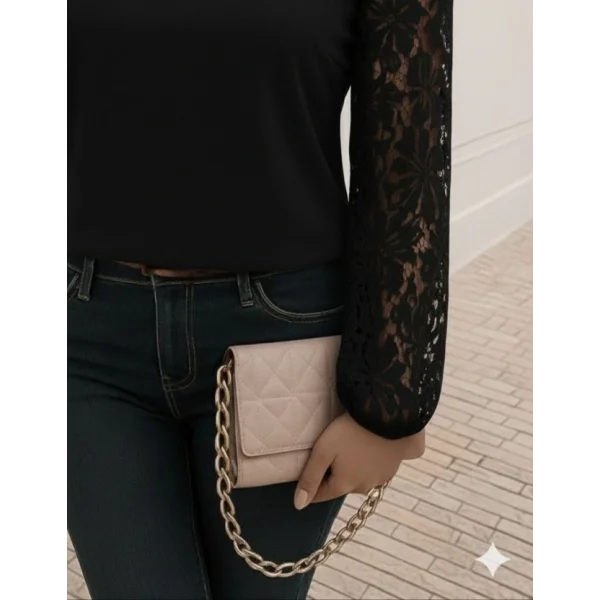 Kadın Uzun Kollu Asimetrik Yakalı Dantelli Ithal Krep Bluz