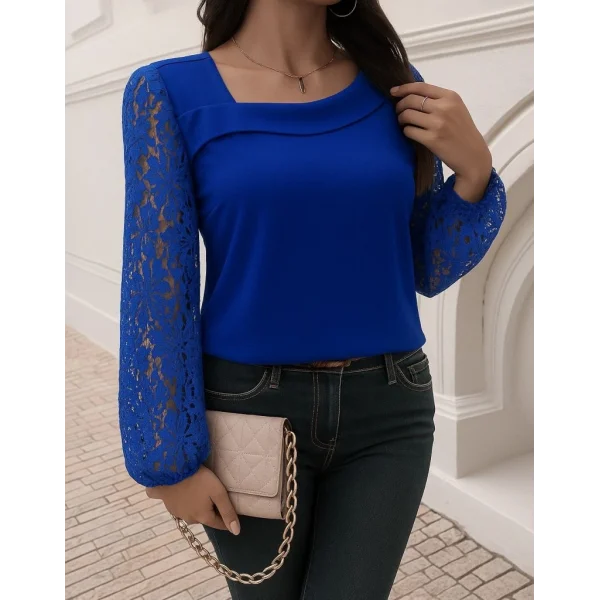 Kadın Uzun Kollu Asimetrik Yakalı Dantelli Ithal Krep Bluz
