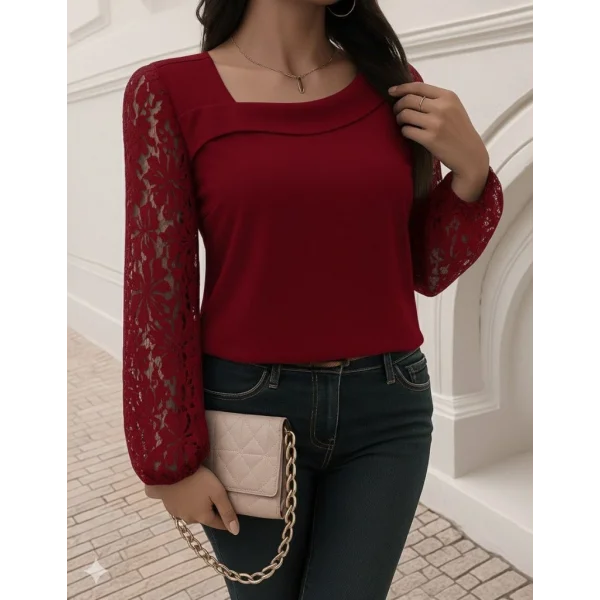 Kadın Uzun Kollu Asimetrik Yakalı Dantelli Ithal Krep Bluz