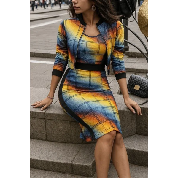 Kadın Uzun Kollu Askılı Yuvarlak Yaka Desenli Dalgıç Bluz Ceket Ve Etek üçlü Takım