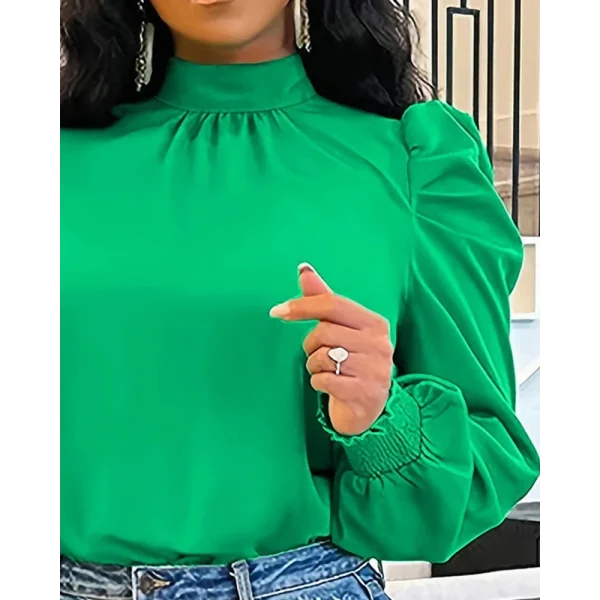 Kadın Uzun Kollu Balıkçı Yaka Arkadan Bağlamalı Omuzlardan Balon Ithal Krep Bluz