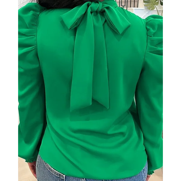 Kadın Uzun Kollu Balıkçı Yaka Arkadan Bağlamalı Omuzlardan Balon Ithal Krep Bluz