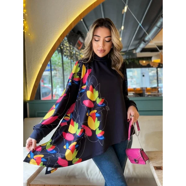 Kadın Uzun Kollu Balıkçı Yaka Asimetrik Kesim Dalgıç Kumaş Bluz