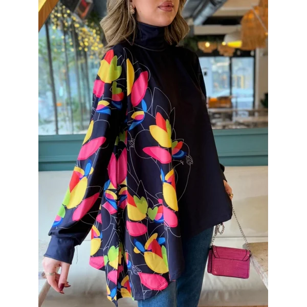 Kadın Uzun Kollu Balıkçı Yaka Asimetrik Kesim Mikro Bluz