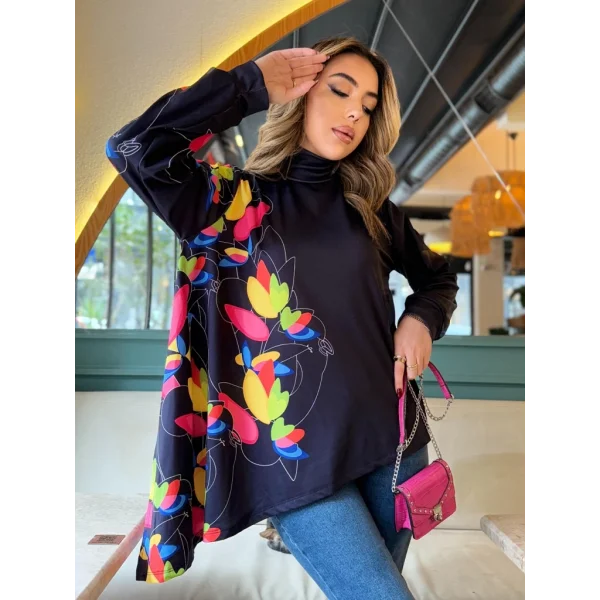 Kadın Uzun Kollu Balıkçı Yaka Asimetrik Kesim Mikro Bluz