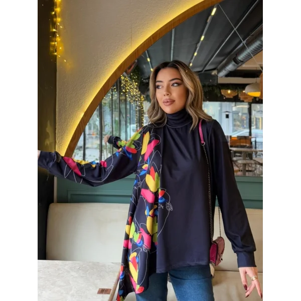 Kadın Uzun Kollu Balıkçı Yaka Asimetrik Kesim Mikro Bluz