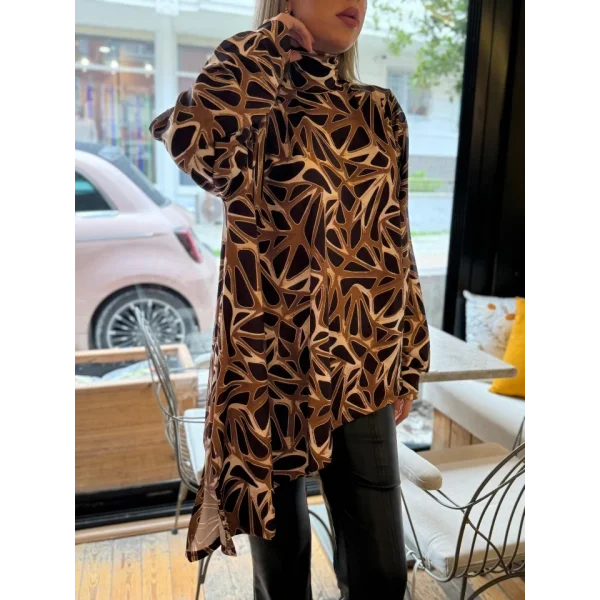 Kadın Uzun Kollu Balıkçı Yaka Asimetrik Kesim Salaş Bluz