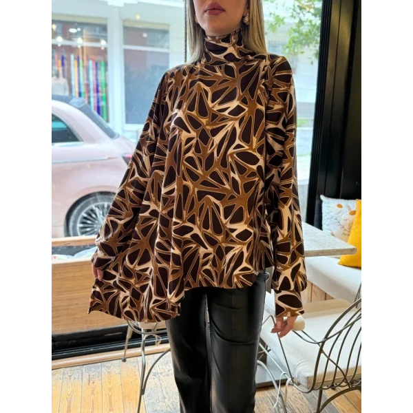 Kadın Uzun Kollu Balıkçı Yaka Asimetrik Kesim Salaş Bluz